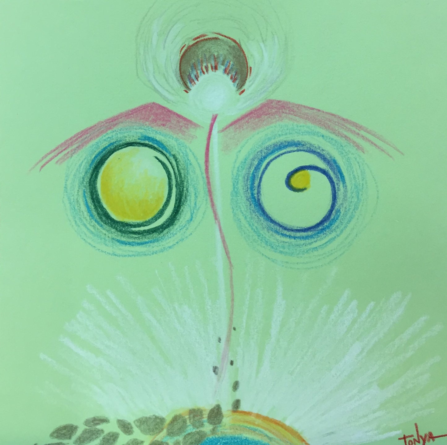 A colored pencil sketch on green paper of an angel shape in the center with pink wings and circles under each. 