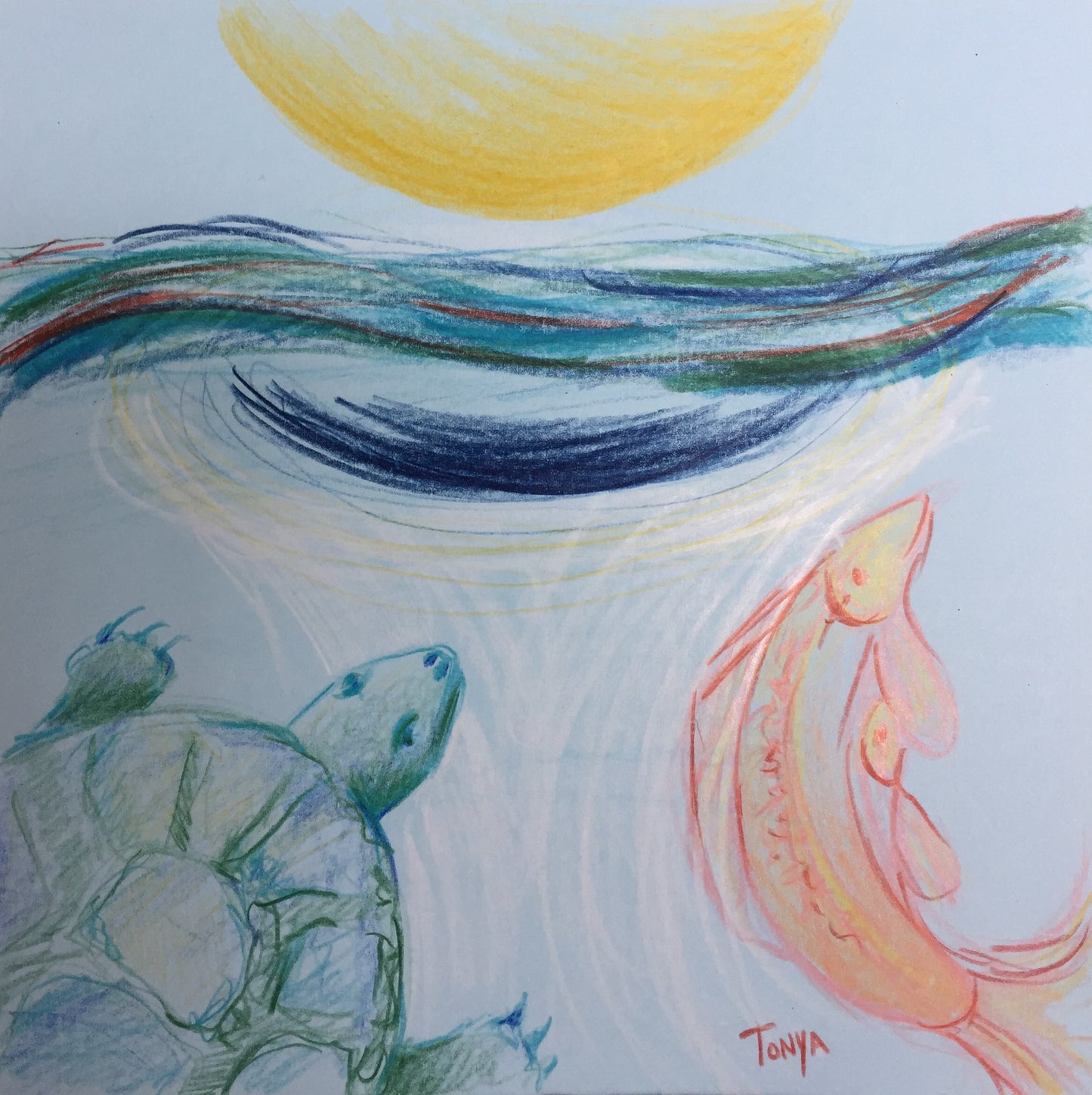 A colored pencil sketch  of a turtle and a fish under the water at sunset.