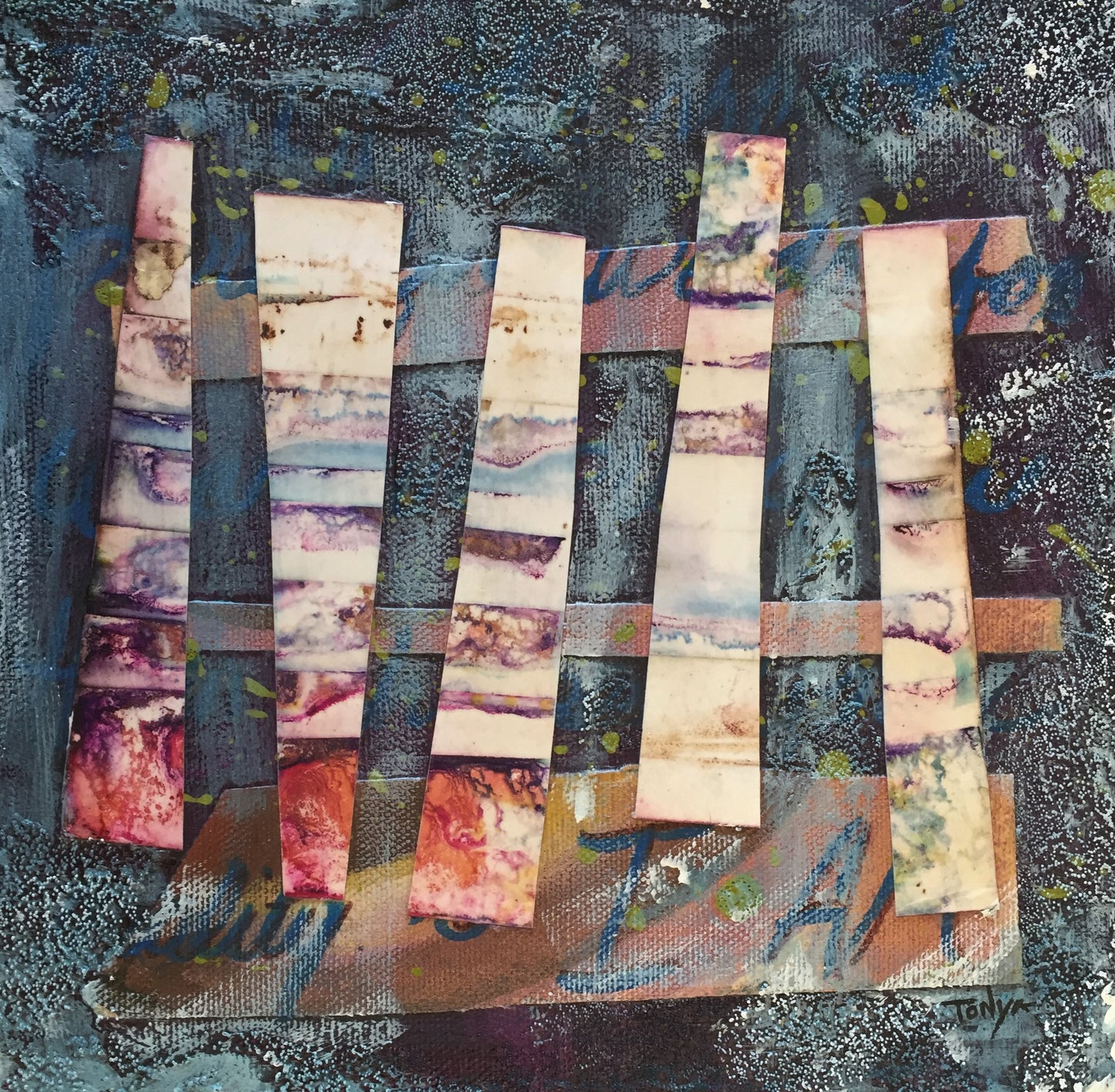 Abstract mixed meda art piece with horizontal stripes in various colors on a dark blue textured background by artist Tonya Henderson.