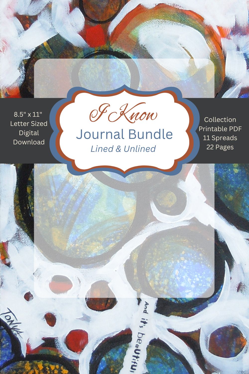 A cover image of a Printable Junk Journal Sheets from the 'I Know' collection, featuring an abstract circle motif in bright colors by artist Tonya Henderson.