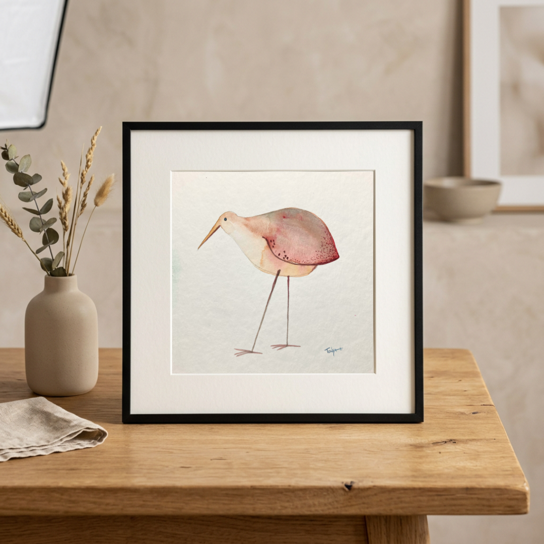Framed original watercolor artwork of a bird by artist Tonya Henderson on a wooden table with a vase and plant in the background.