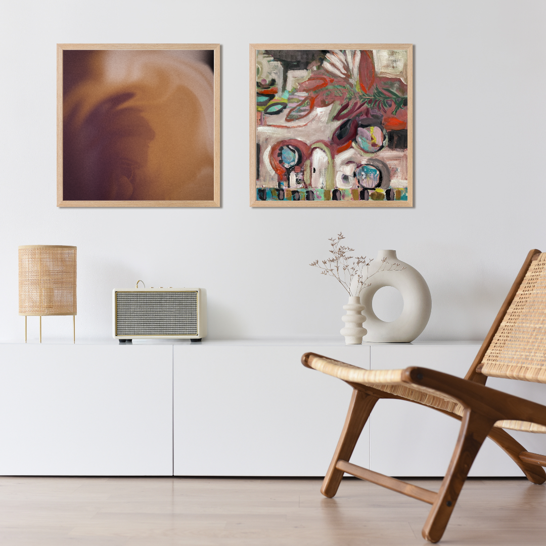 Modern living room with abstract art, a chair, and a lamp. Original artwork by artist Tonya Henderson of Creative Spirit Studios.