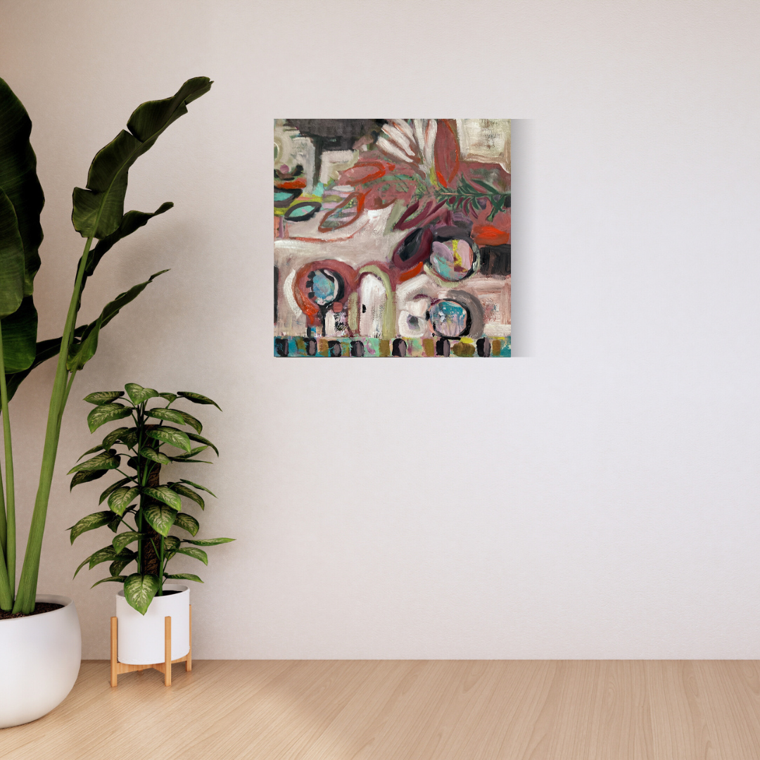 Abstract acrylic painting on a wall with plants in the foreground created by visionary artist Tonya Henderson.