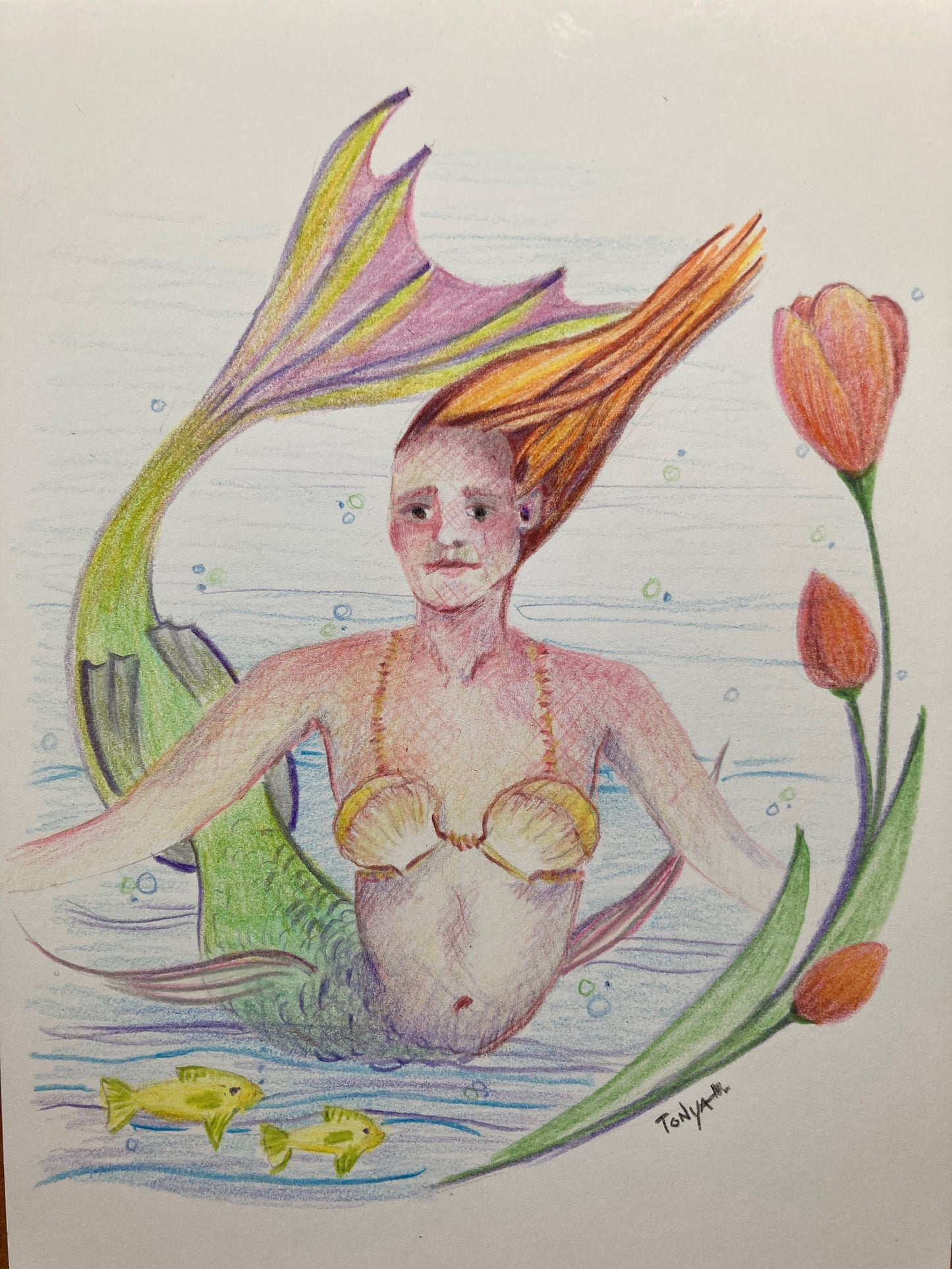 A colored pencil drawing of a Mermaid, two yellow fish, and red tulips flowing around them.