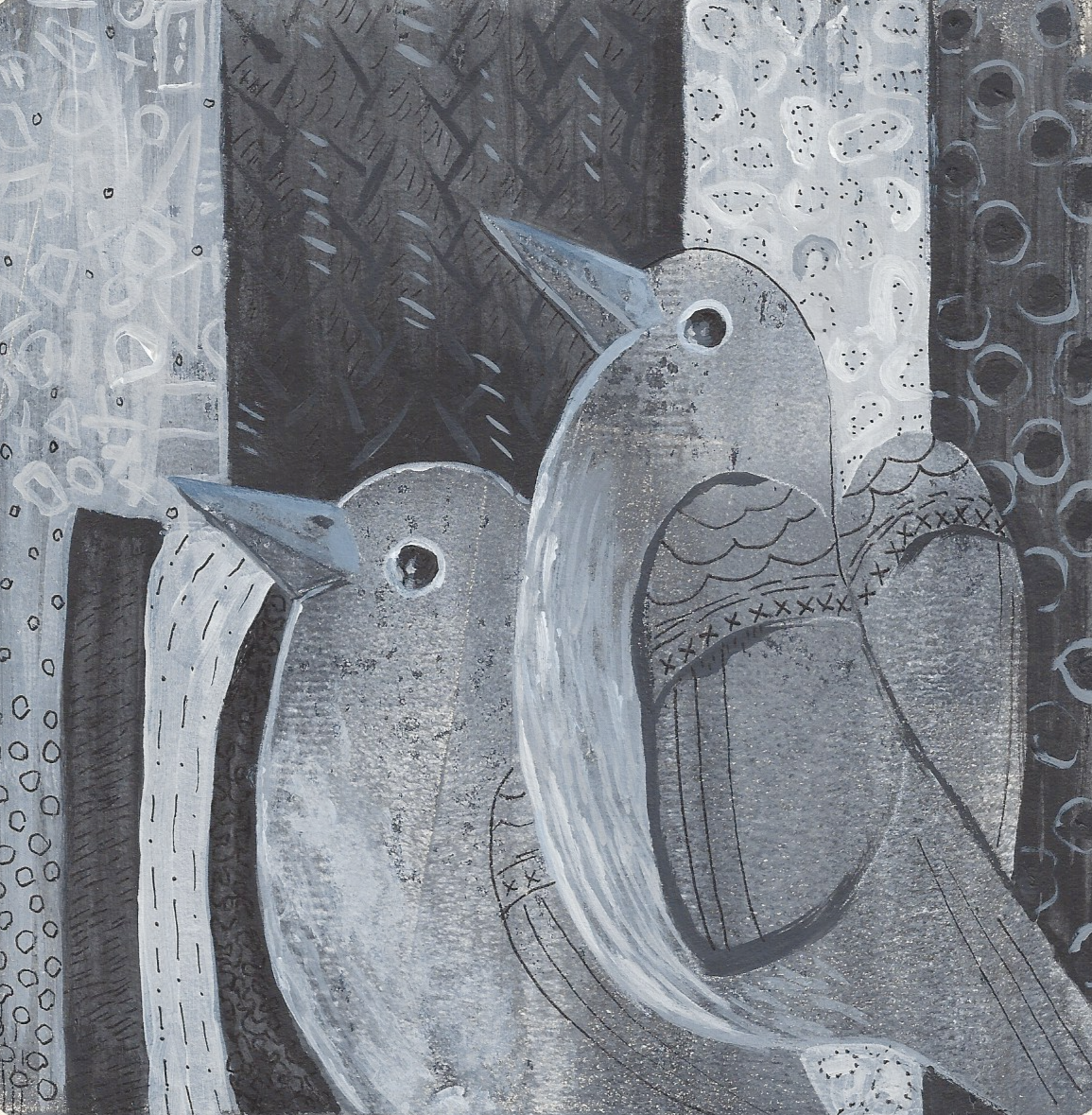 Two birds painted in acrylics over a striped background with various textures and pen & ink details by artist Tonya Henderson.