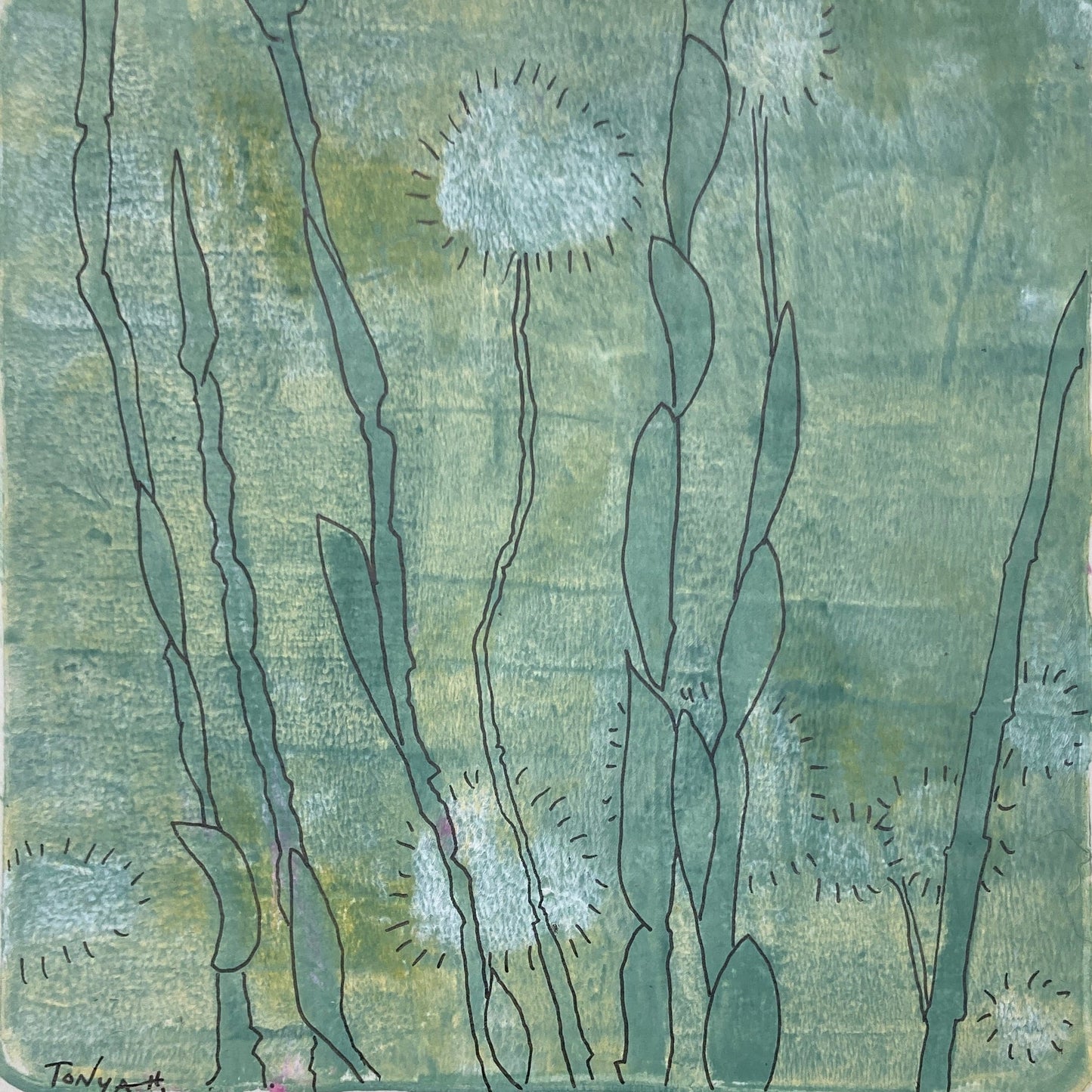 Original mixed media painting with green plant pattern and white floral in acrylic and pen & ink by artist Tonya Henderson.
