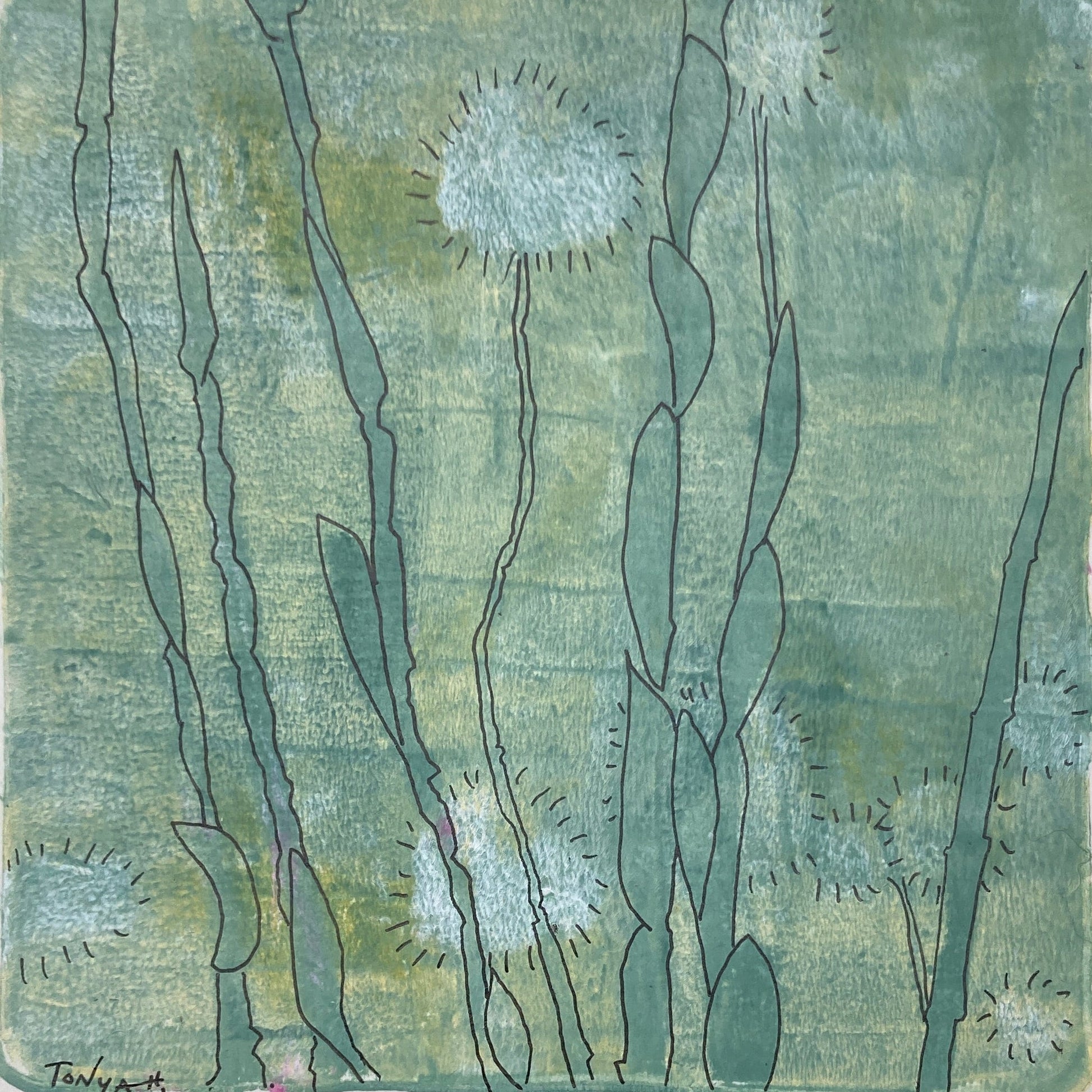 Original mixed media painting with green plant pattern and white floral in acrylic and pen & ink by artist Tonya Henderson.