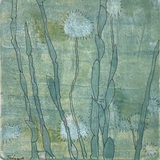 Original mixed media painting with green plant pattern and white floral in acrylic and pen & ink by artist Tonya Henderson.