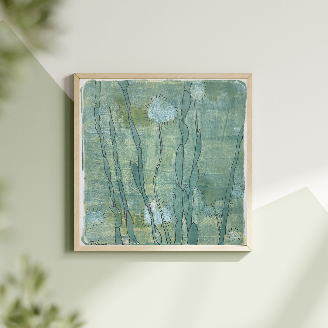 Framed mixed media painting of abstract flowers on a light green background by acrylic artist Tonya Henderson.