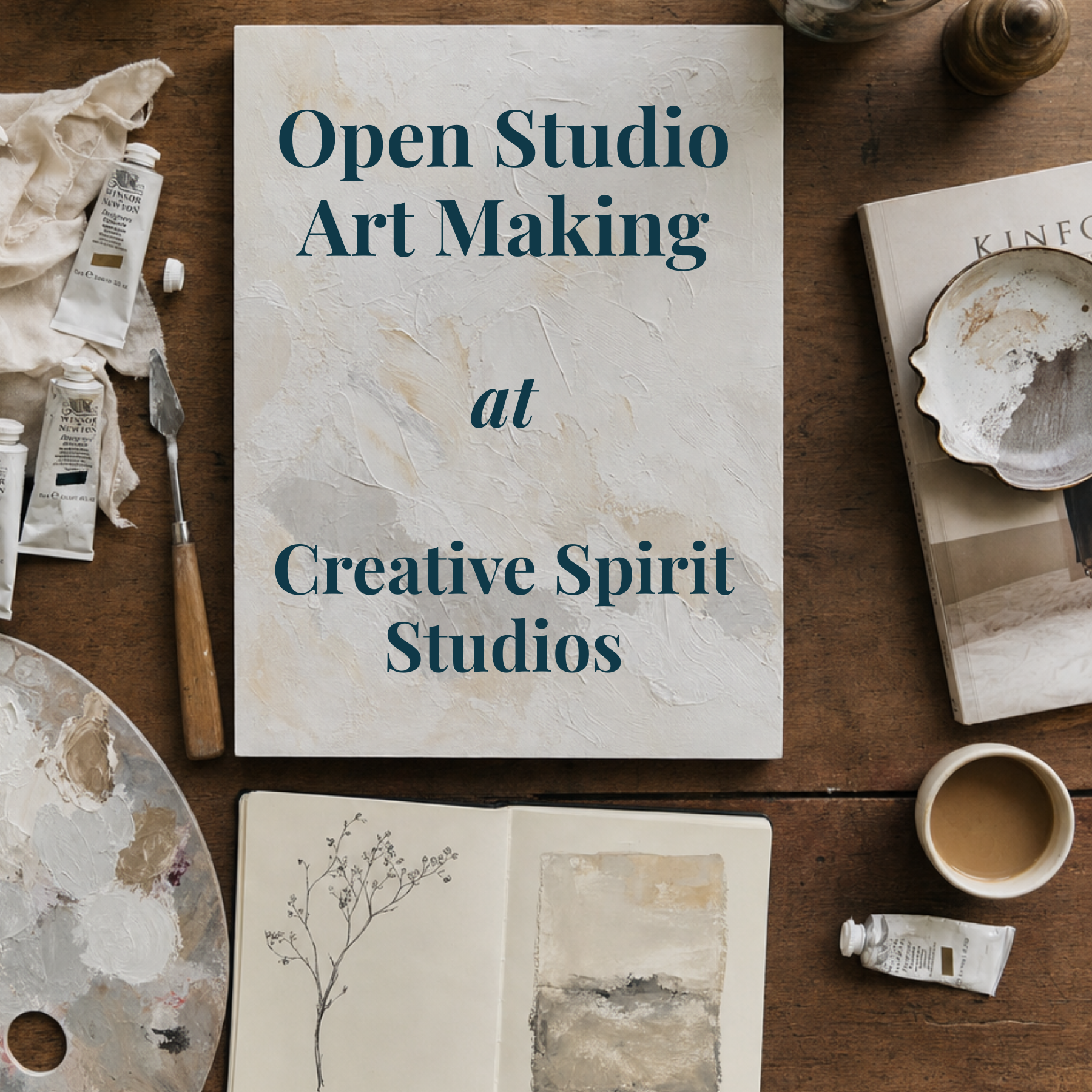 Event titled 'Open Studio Art Making with artist Tonya Henderson at Creative Spirit Studios' on a wooden surface with art supplies.