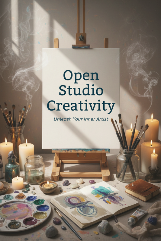 Art studio setup with easel, paintbrushes, and candles, featuring the text 'Open Studio Creativity'.