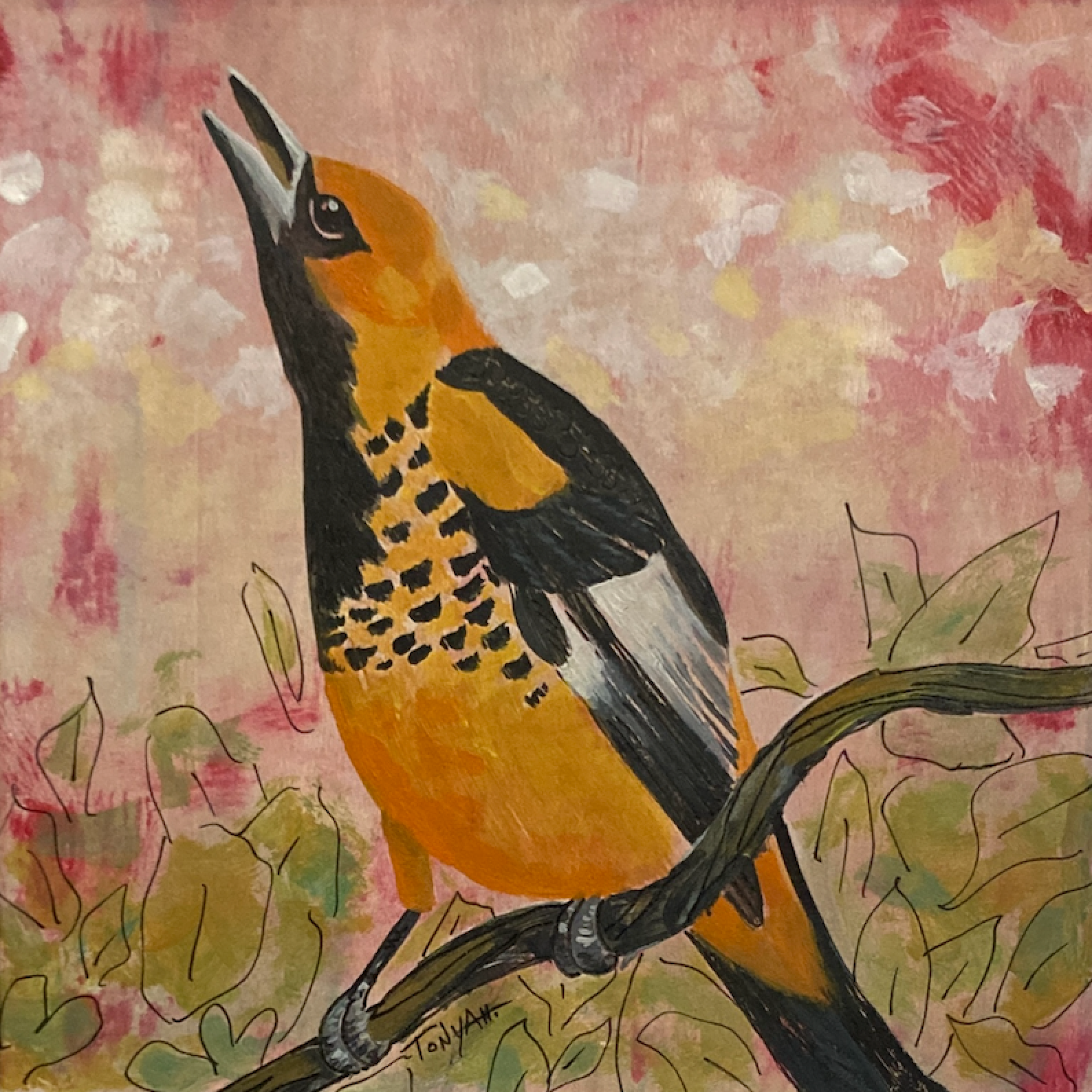 Painting of a bird perched on a branch with a colorful abstract background and foliage by acrylic artist Tonya Henderson.