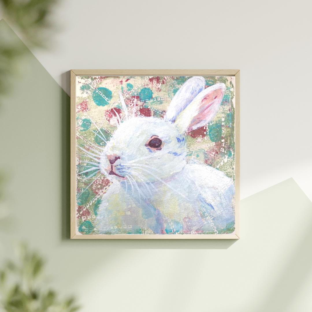 Original artwork by artist Tonya Henderson of a white rabbit on a colorful abstract background.