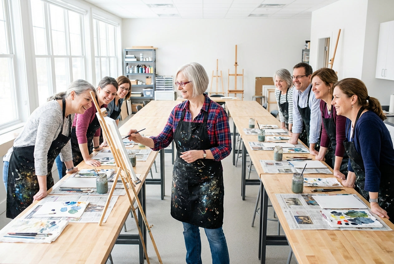 Art class in progress with students watching instructor Tonya Henderson at the easel doing a demonstration.