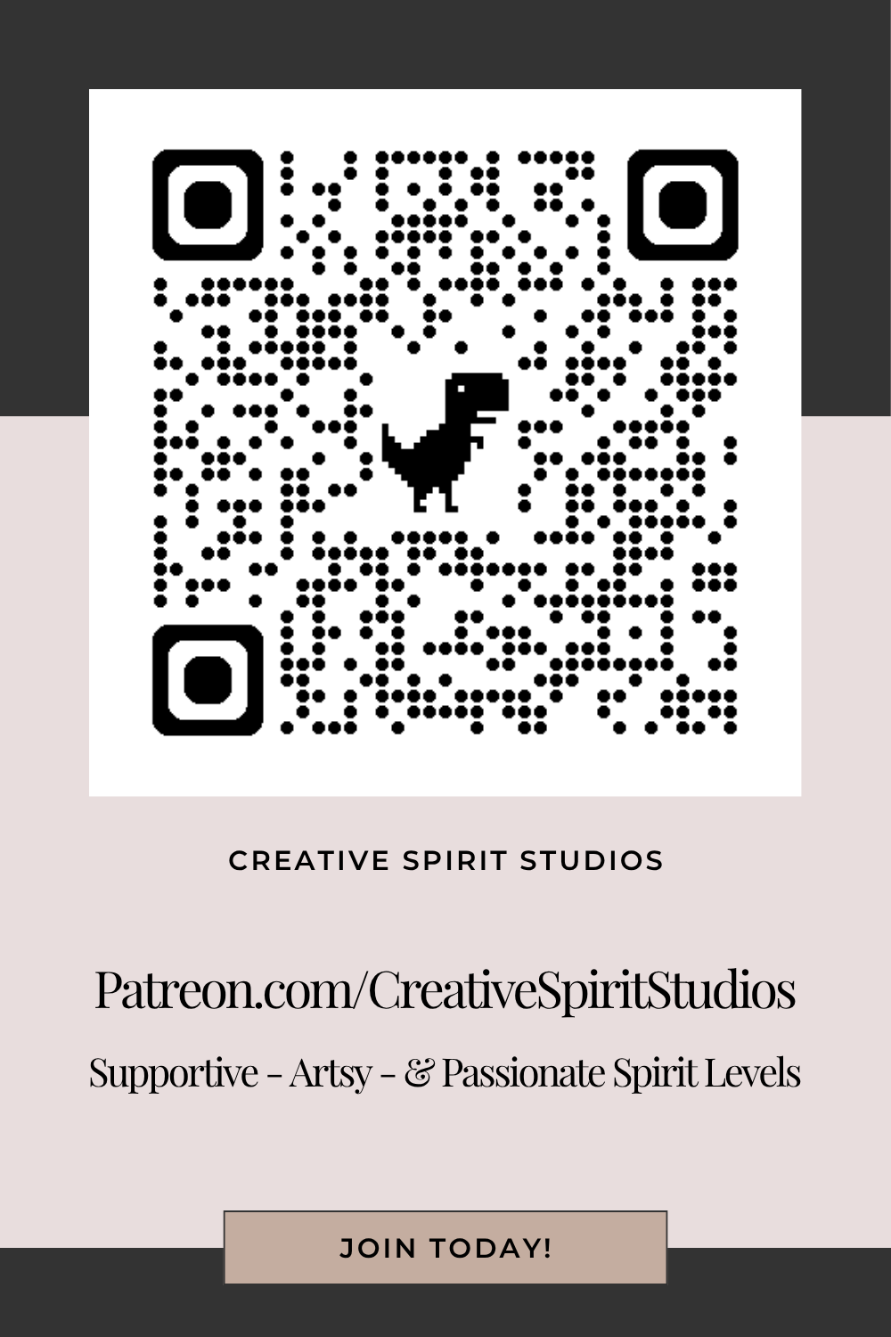 QR code with a dinosaur illustration on a gray and pink background, promoting Creative Spirit Studios on Patreon.