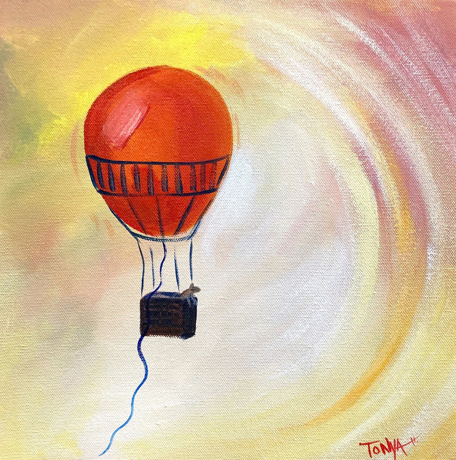 A painting of a mouse riding in a hot air baloon across a golden sky.