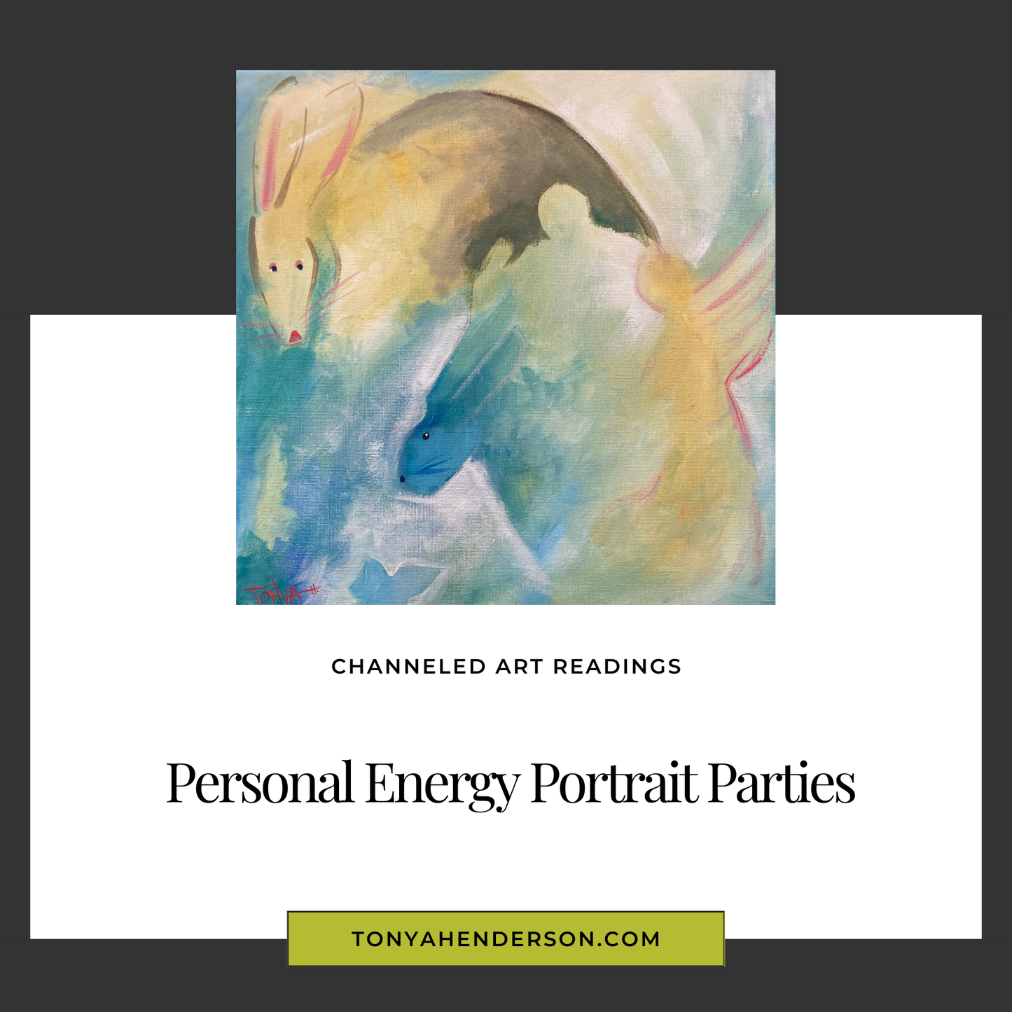 Artistic depiction of animals with text about channeled art readings & personal energy portrait parties by artist Tonya Henderson.