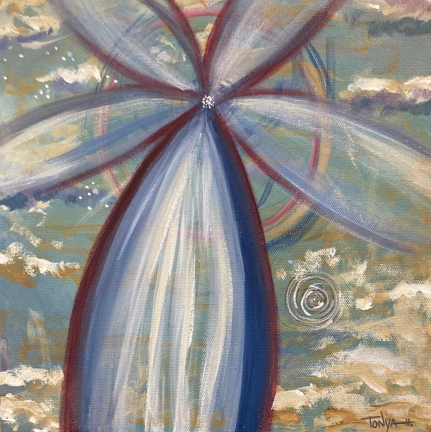 A painting with a pinwheel shape of color extending form center top in red, white, and blue, over a sky like background by visionary artist Tonya Henderson.