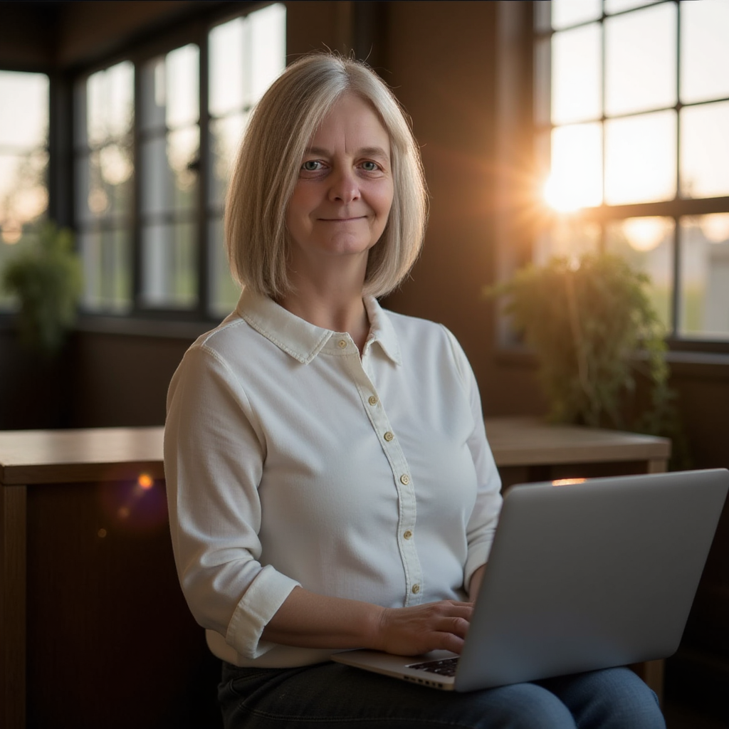 Visionary Artist Tonya Henderson in a white shirt sitting with her laptop with light flooding the room from a large window to her left. 
