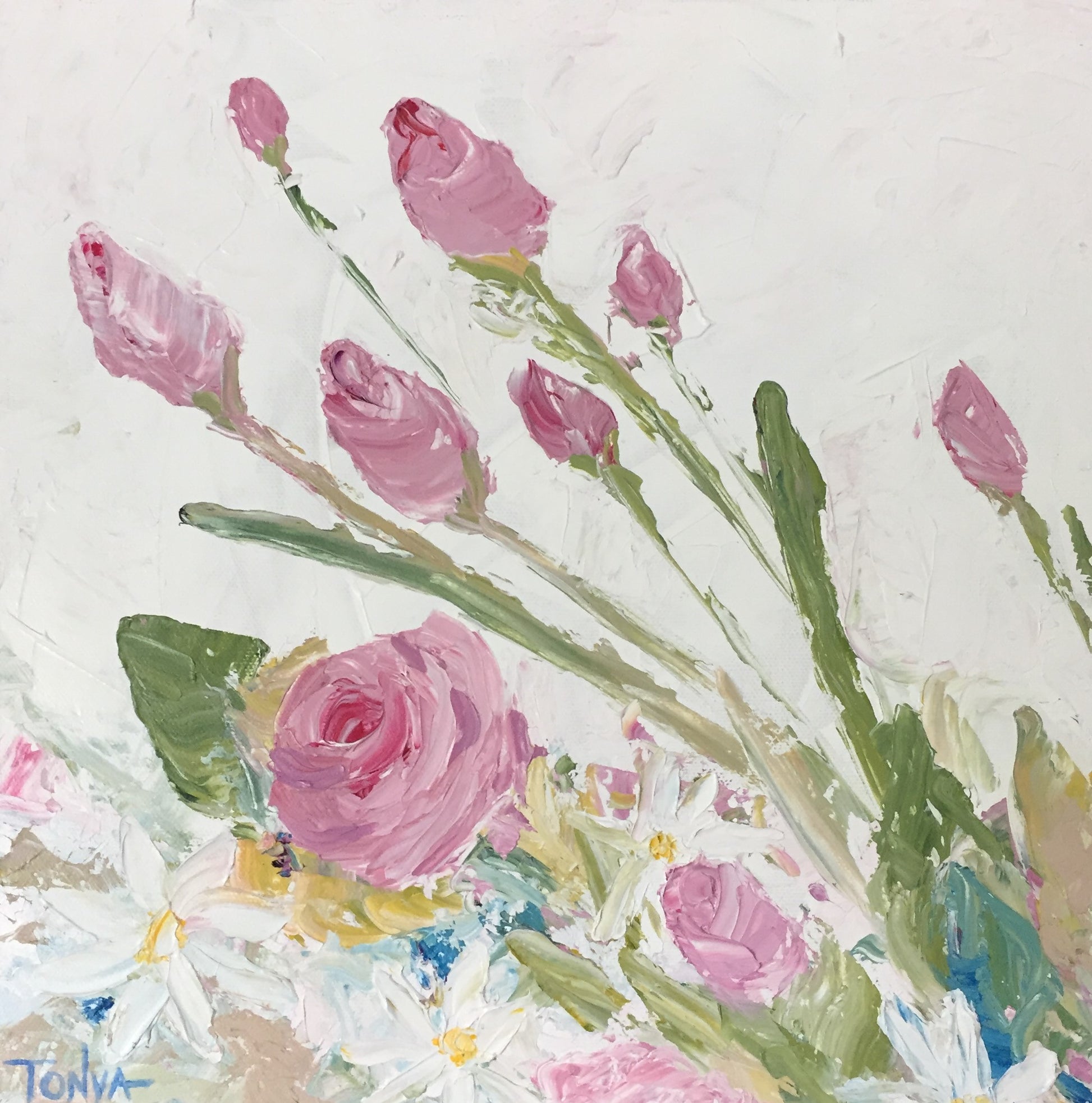 A painting of daisies and roses with rose buds on a white table, featuring soft pinks, luscious greens, and pastel whites. By artist Tonya Henderson.