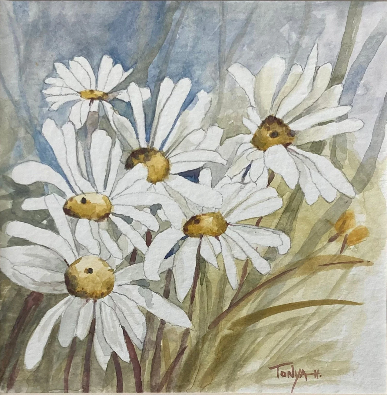 A watercolor painting of white daisies with yellow centers over a blue background.