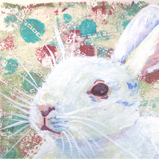 Colorful abstract painting of a white rabbit with a textured background