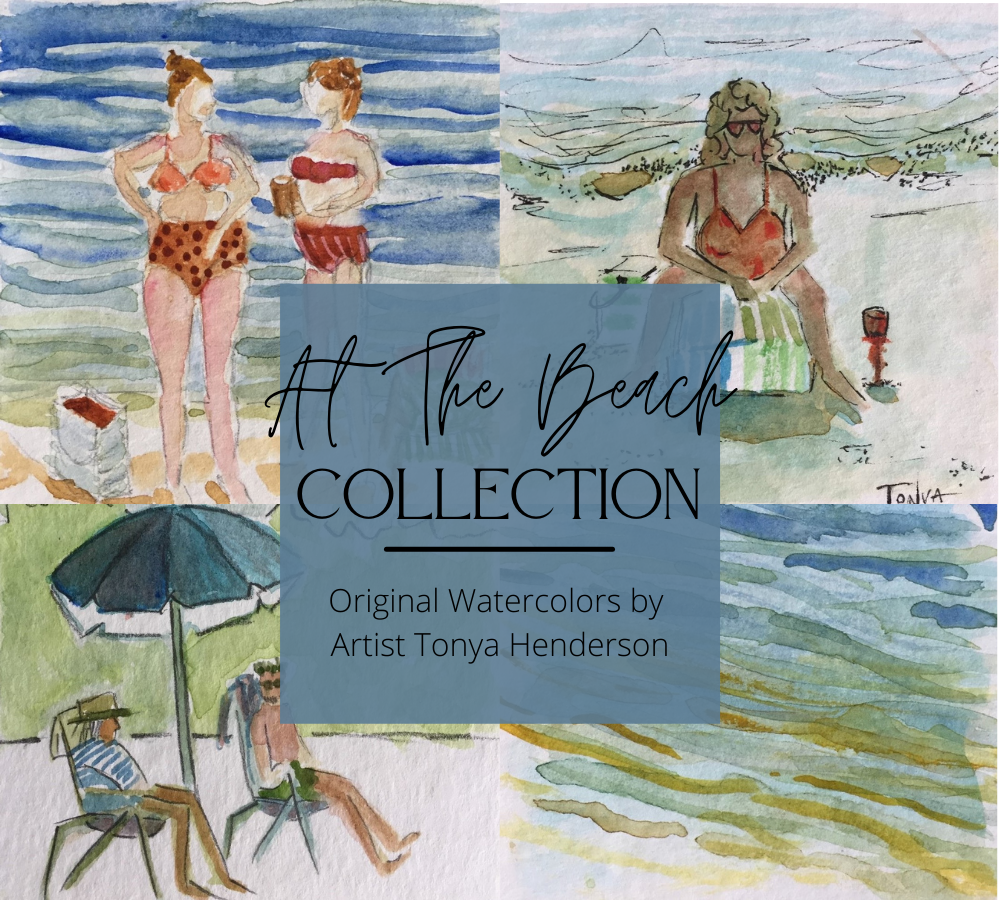A collection of original watercolor paintings depicting various scenes of people at a beach, with gentle ocean views and vibrant swimsuits and a text overlay "At the Beach Collection - Original Watercolors by Artist Tonya Henderson".