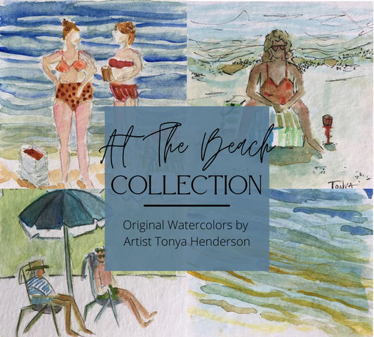A collection of original watercolor paintings depicting various scenes of people at a beach, with gentle ocean views and vibrant swimsuits and a text overlay "At the Beach Collection - Original Watercolors by Artist Tonya Henderson".