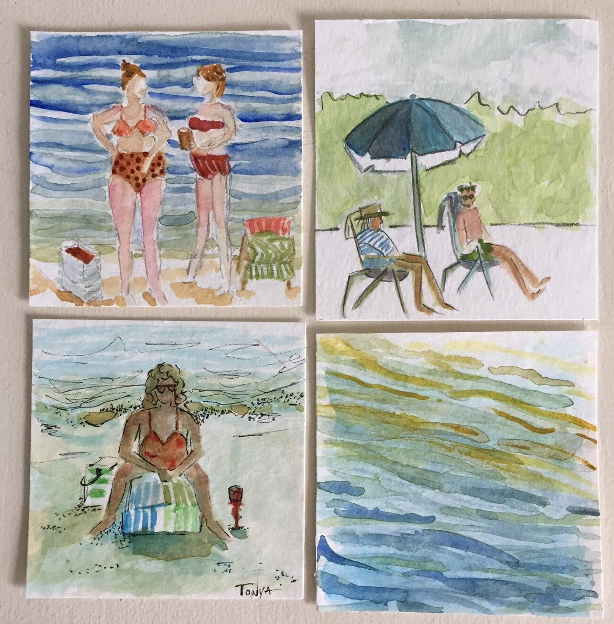 Four small watercolor paintings of people on the beach in Florida with one being just and abstract of the water flooding onto the beach by artist Tonya Henderson.