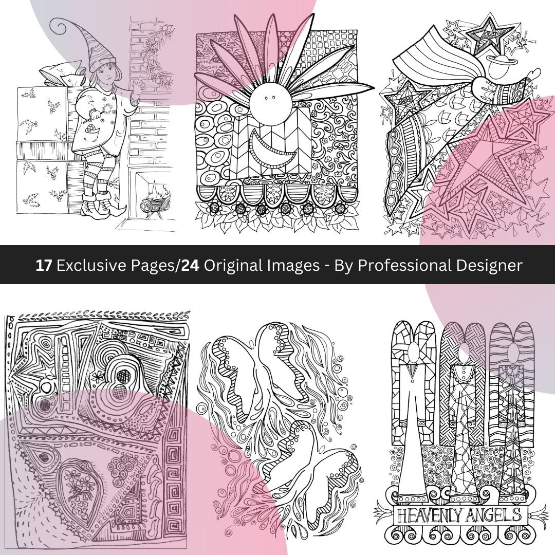Six ink drawings of angels, elfs, stars and shapes with intricate patterns desinged by artist Tonya Henderson for exclusive coloring book.