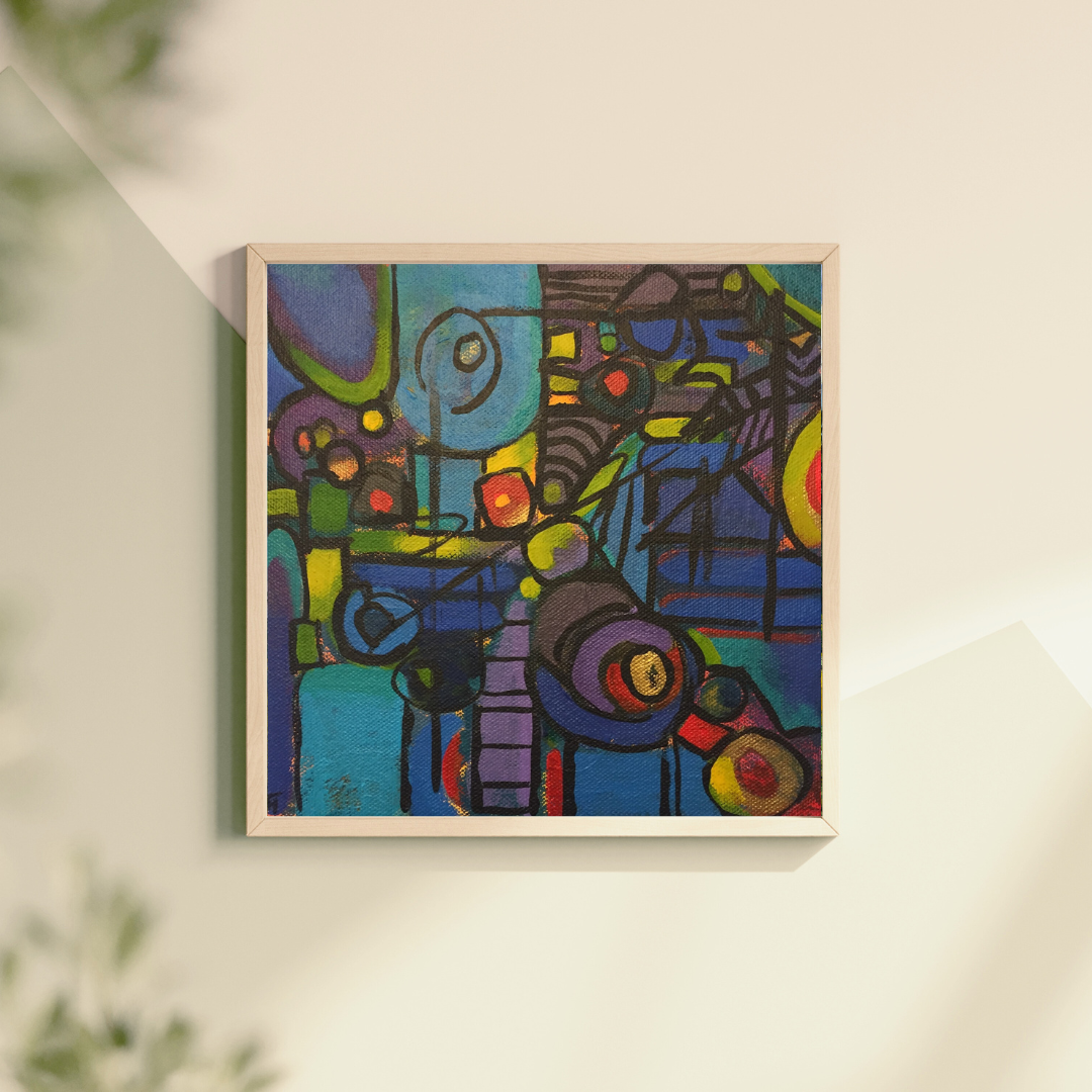 A colorful Abstract  called "Cosmic Lines" painting on a white wall framed in natural wood by artist Tonya Henderson.