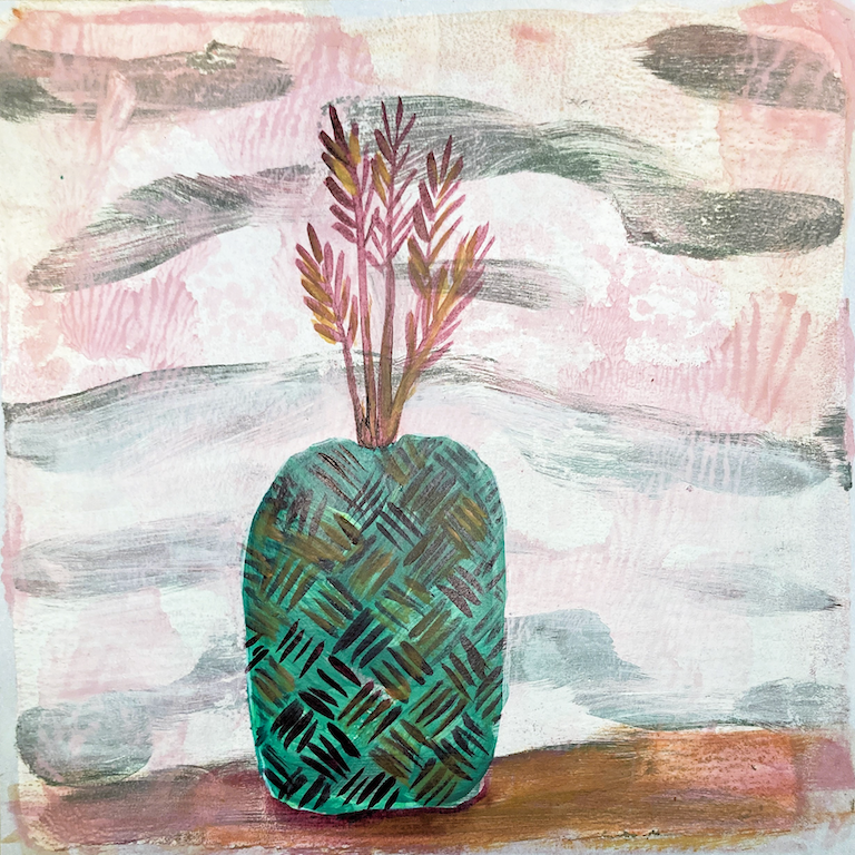 Artistic depiction of a textured vase with plants against an abstract background in southwestern colors by artist Tonya Henderson.
