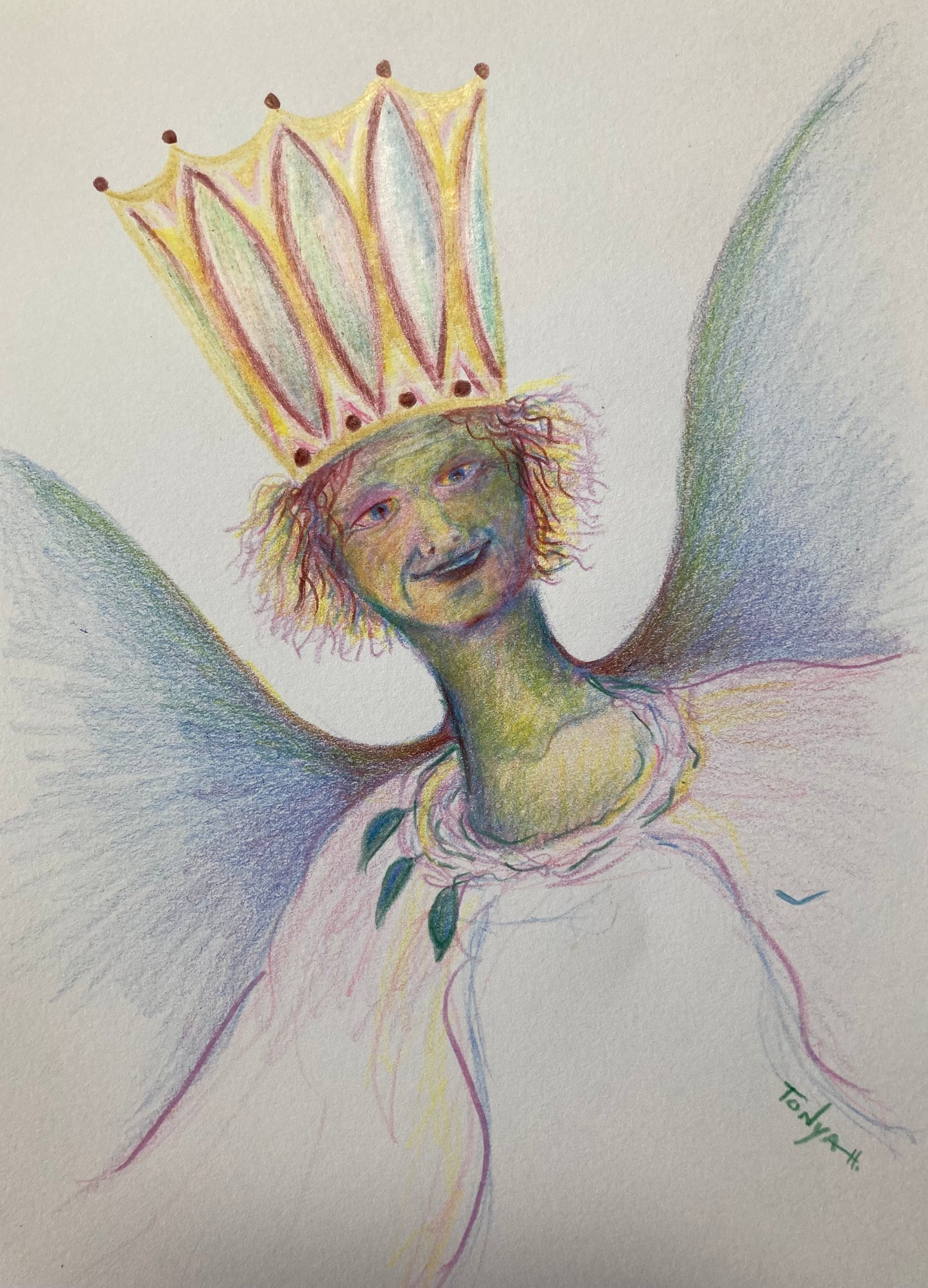 A colored pencil drawing of a female figure wearing a crown, a robe, and white garment. She appears to have wings.