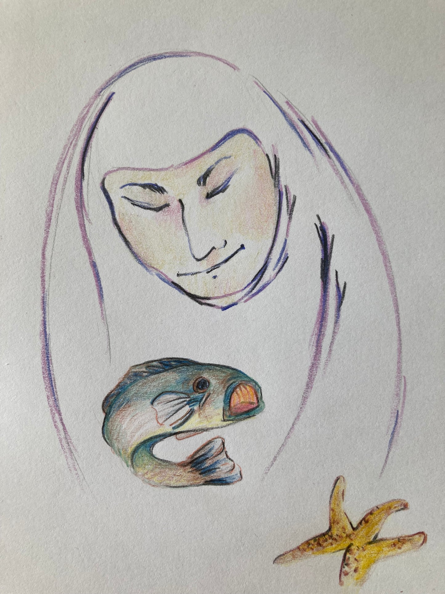 A colored pencil drawing of a woman looking down and her head is wrapped in cloth. There is a fish and a starfish below her. By spirit Artist Tonya Henderson.