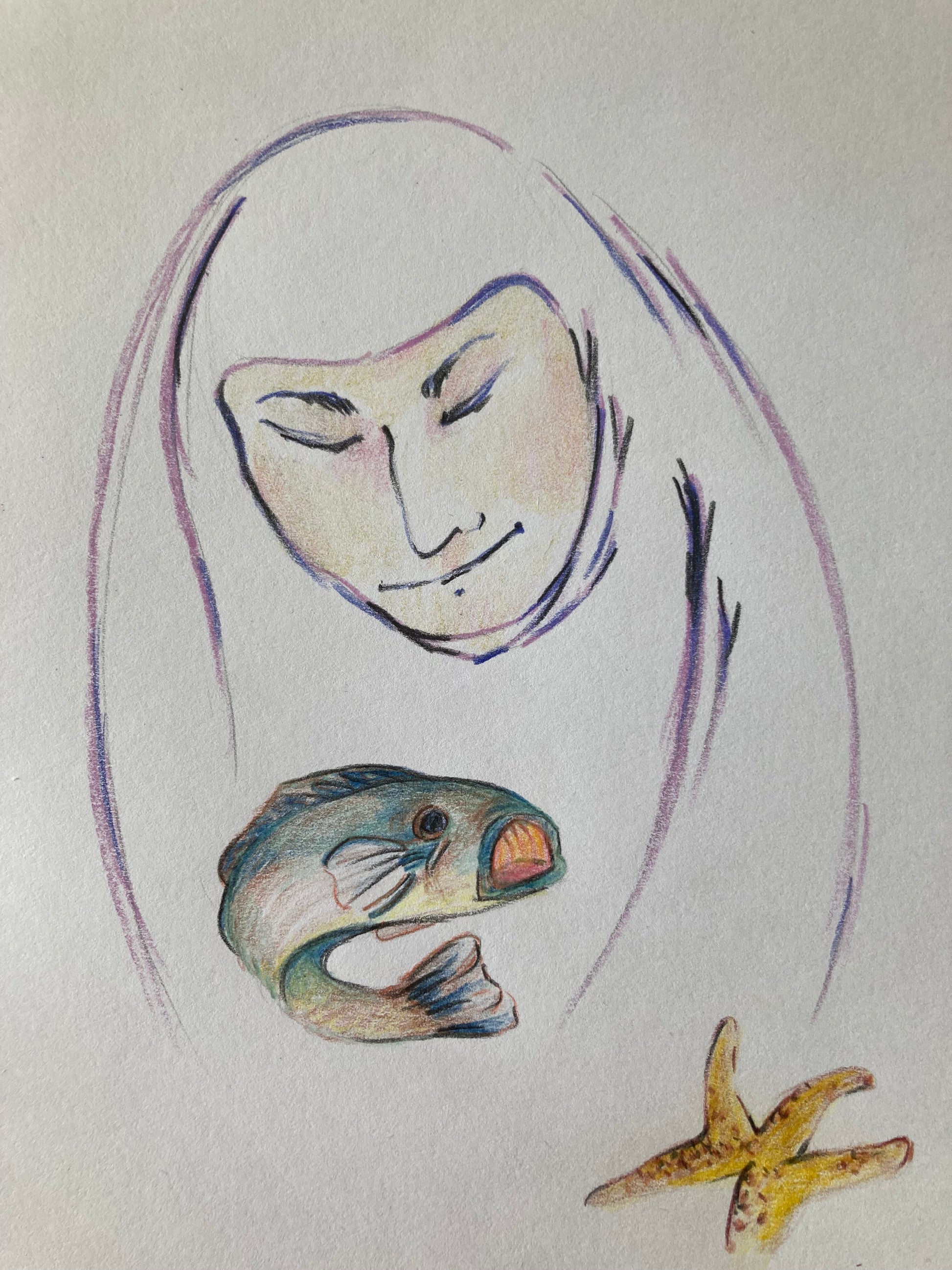 A colored pencil drawing of a woman looking down and her head is wrapped in cloth. There is a fish and a starfish below her. By spirit Artist Tonya Henderson.