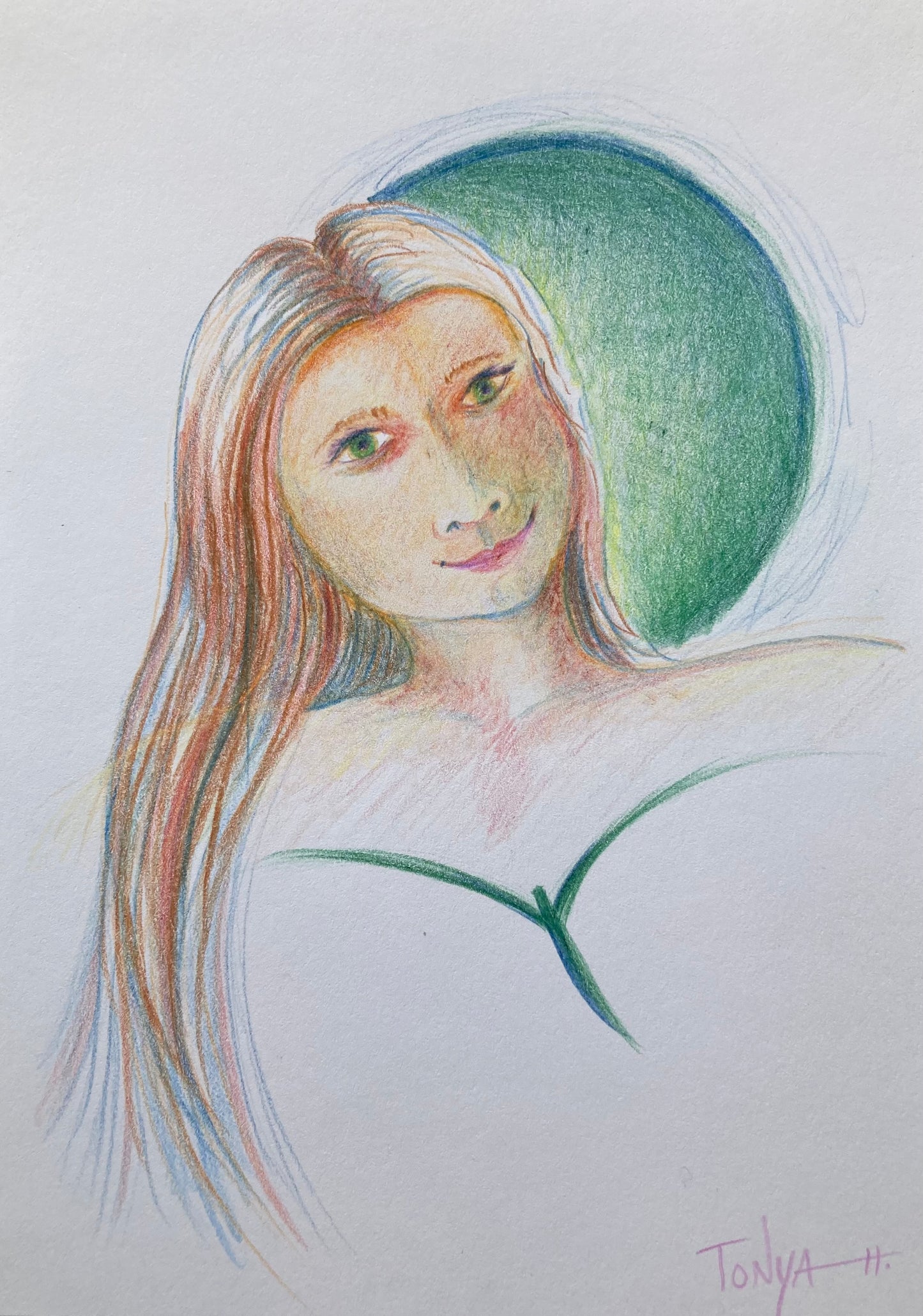 A colored pencil drawing of a woman with green eyes and long brown hair. There is a green sphere behing her and a bird in fron of her that looks like it could be making a neckline of her dress.