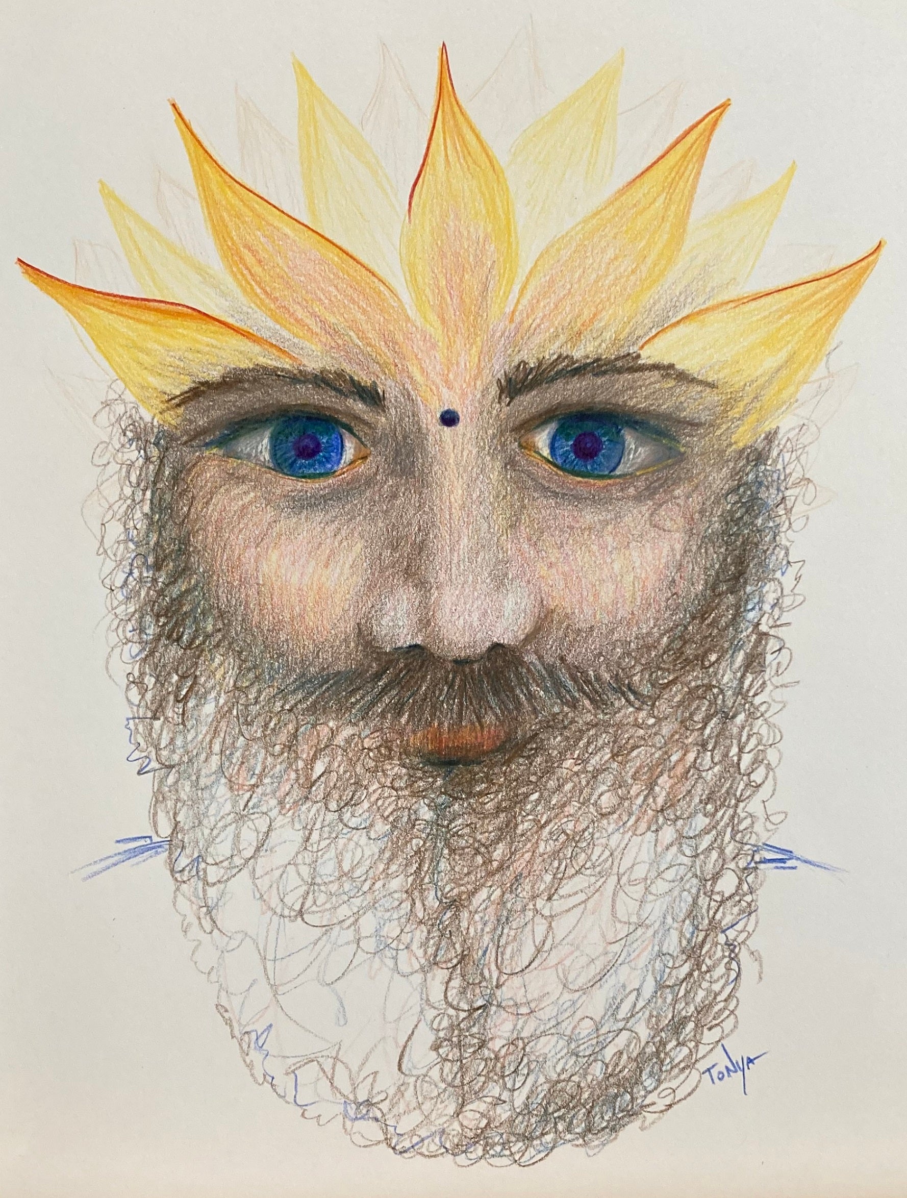 A colored pencil drawing of a bearded man with blue eyes and yellow flower petals at his forhead.