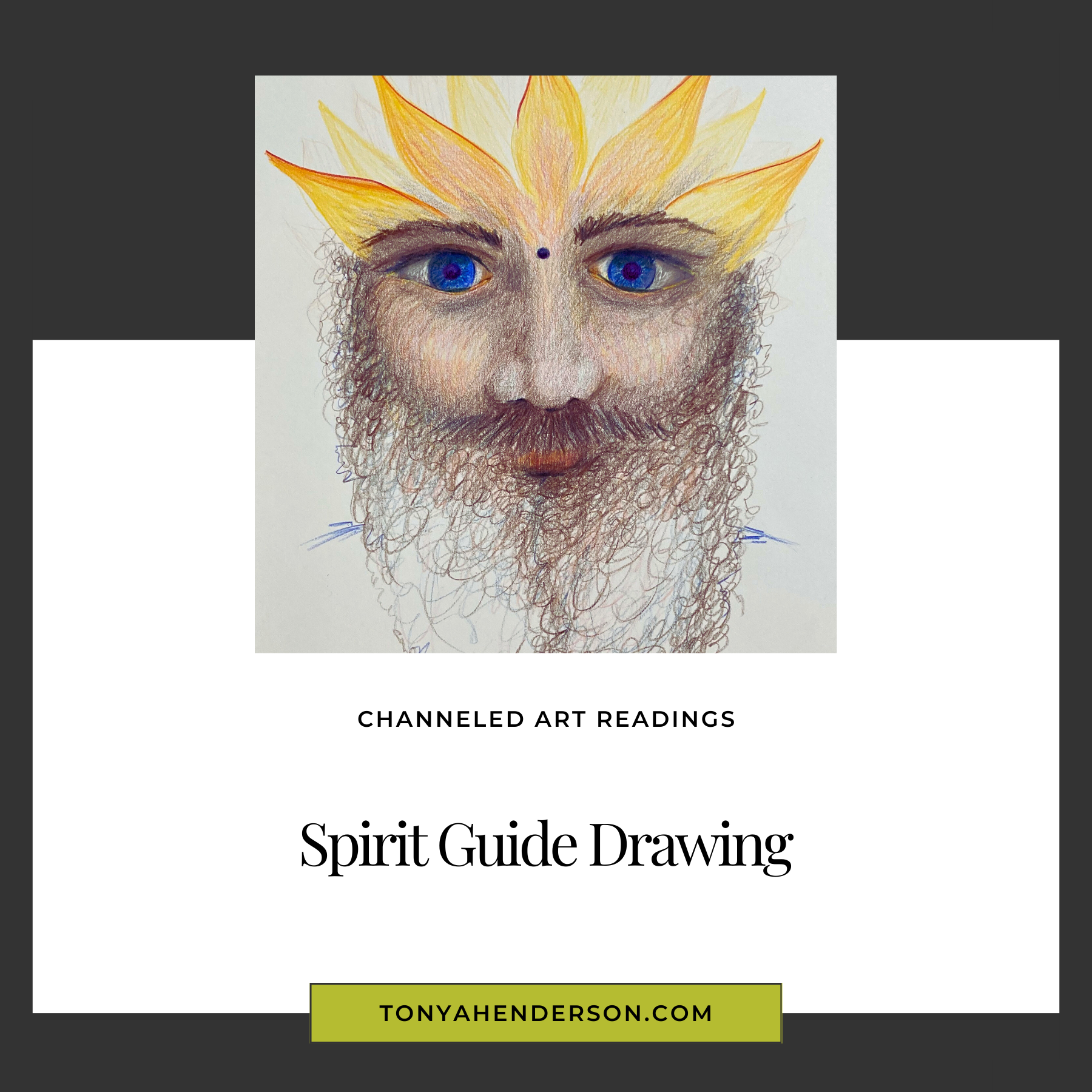 A spirit guide rtwork depicting a stylized face with a sun-like pattern above the eyes, rendered in colored pencils on paper.
