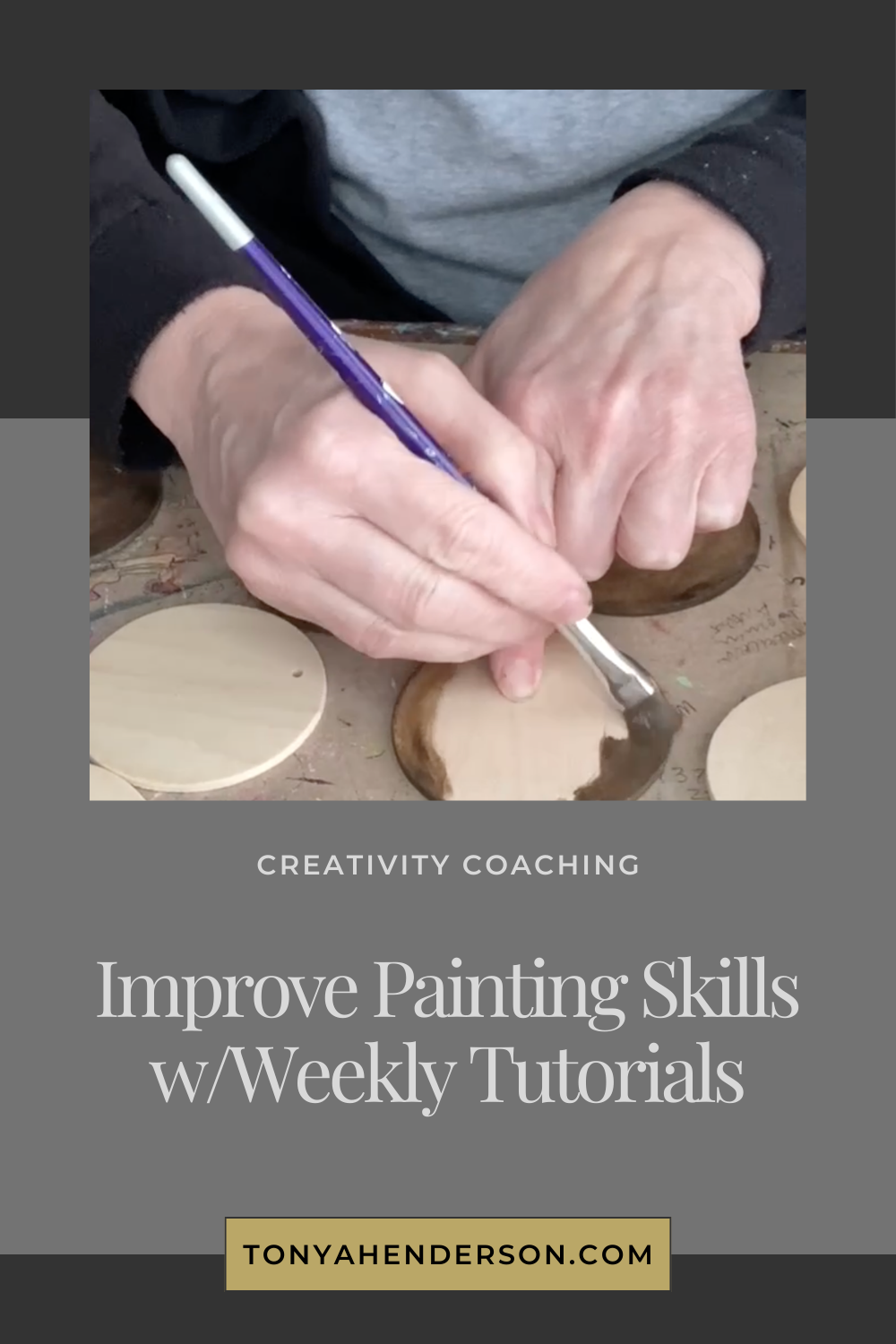 Promotional image for creativity coaching with a text overlay that reads 'Improve Painting Skills w/Weekly Tutorials' and a website address.