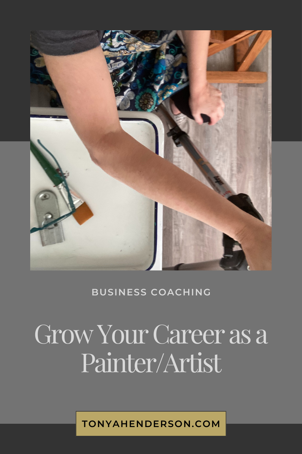 Promotional image featuring Tonya Henderson's arm while seated at an easel with a painting palette, with a focus on business coaching for painters and artists.