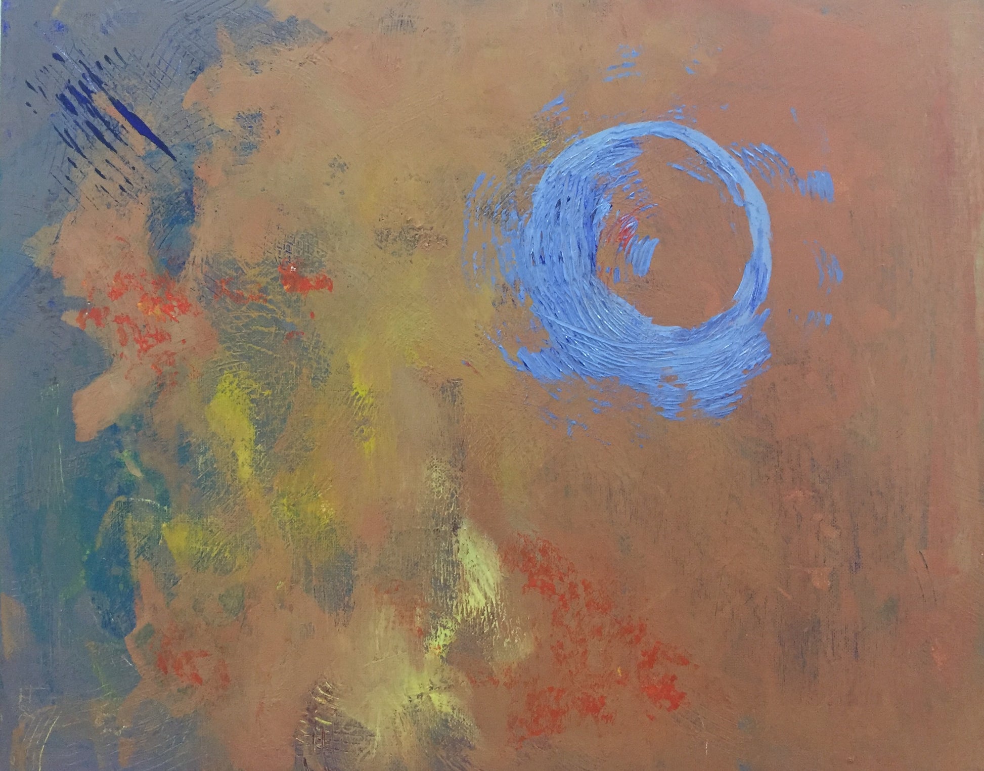 Abstract artwork with a blue circle on a textured surface during painting class with art instructor Tonya Henderson.