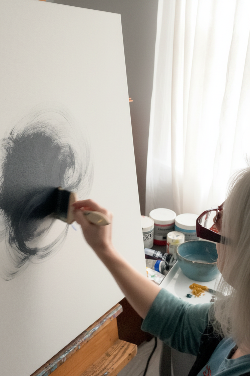 Artist Tonya Henderson painting on a large white canvas with a wide brush.