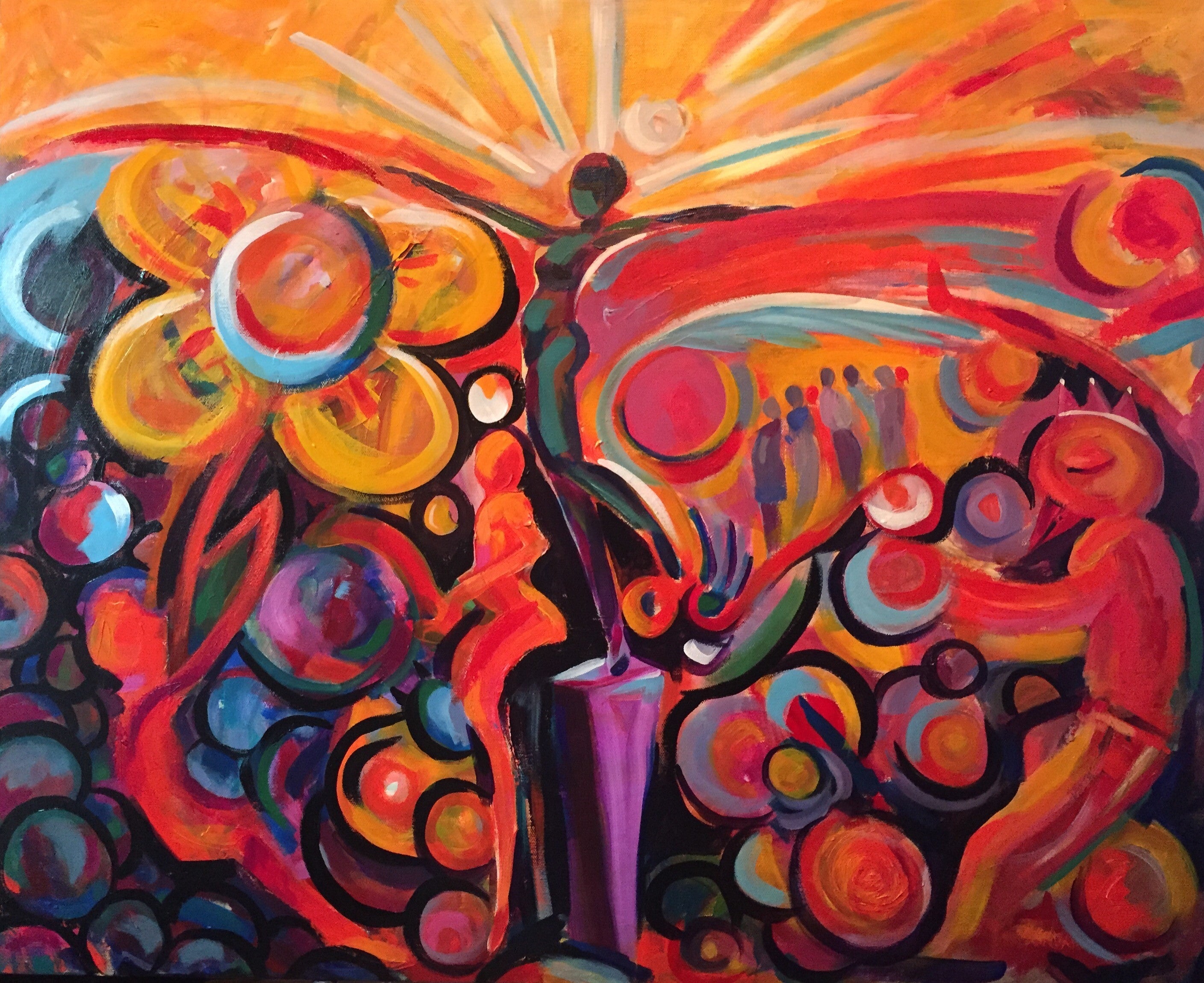 Figure of a woman standing on pedestal that looks like a trophy, another figure sits on the edge of the pedestal. There is a figure to the left with wings and one to the right that looks like a man with a chicken head with a crown. This painting is bright and colorful in shades of red, yellow and orange by Tonya Henderson.