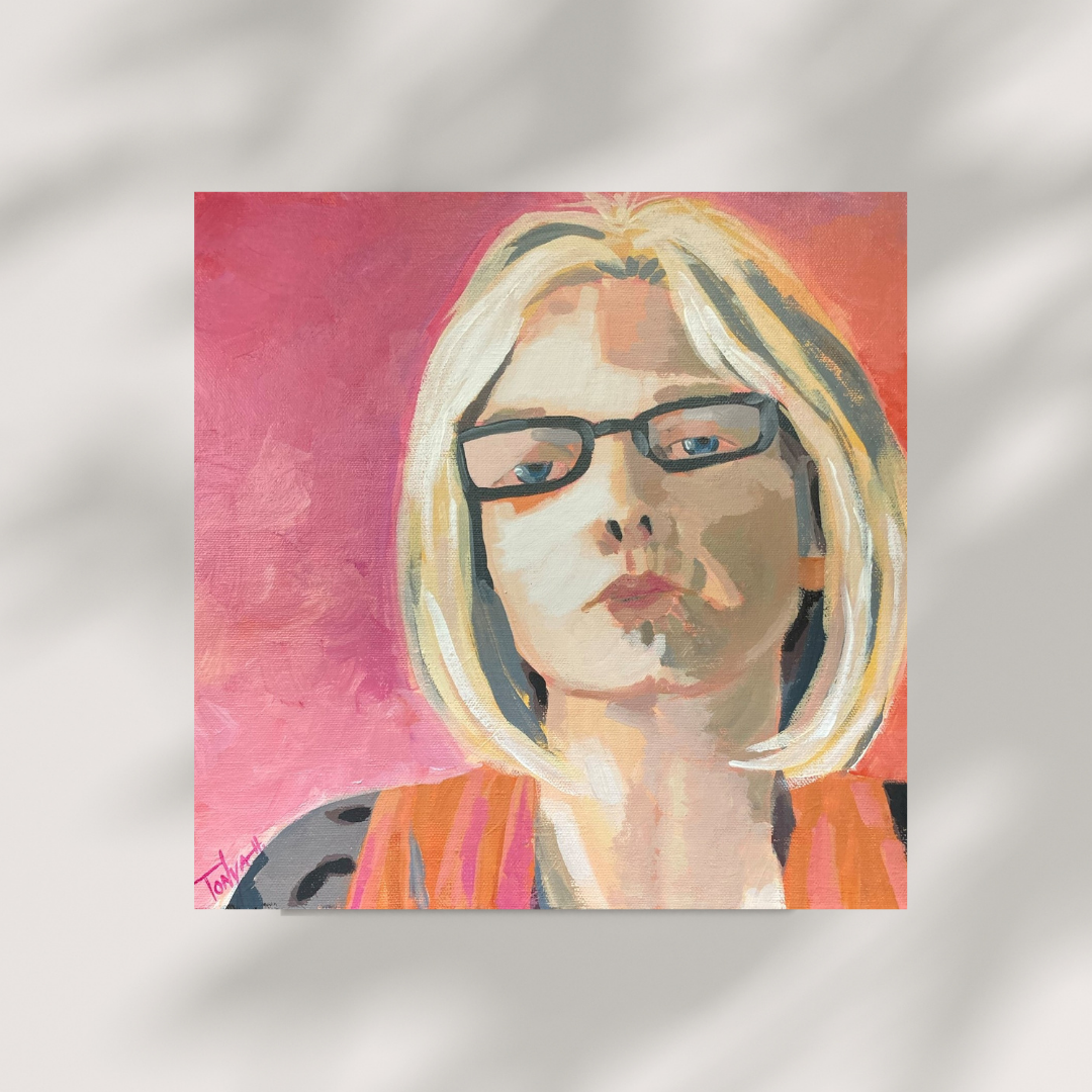 Artistic self portrait of artist Tonya Henderson with glasses on a pink background, hanging on a light grey wall.