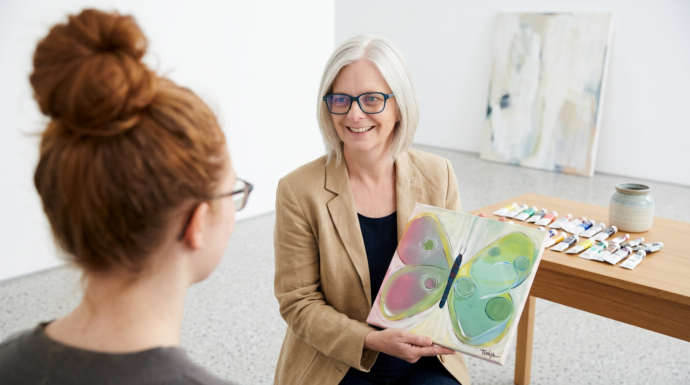Woman holding a colorful custom energy portrait painting reflecting personal transformation while talking to another person (client) in an office/studio setting.