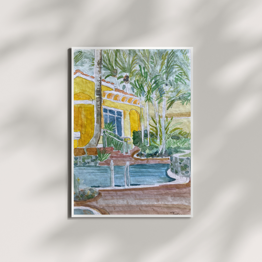Original watercolor painting by artist Tonya Henderson of a tropical resort scene with palm trees and a pool. Created on location in Florida.