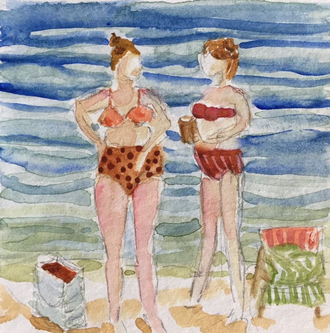 Two women standing on the beach in swimsuits, a chair and a beach bag next to them and the ocean in the background, an original watercolor painting by artist Tonya Henderson.