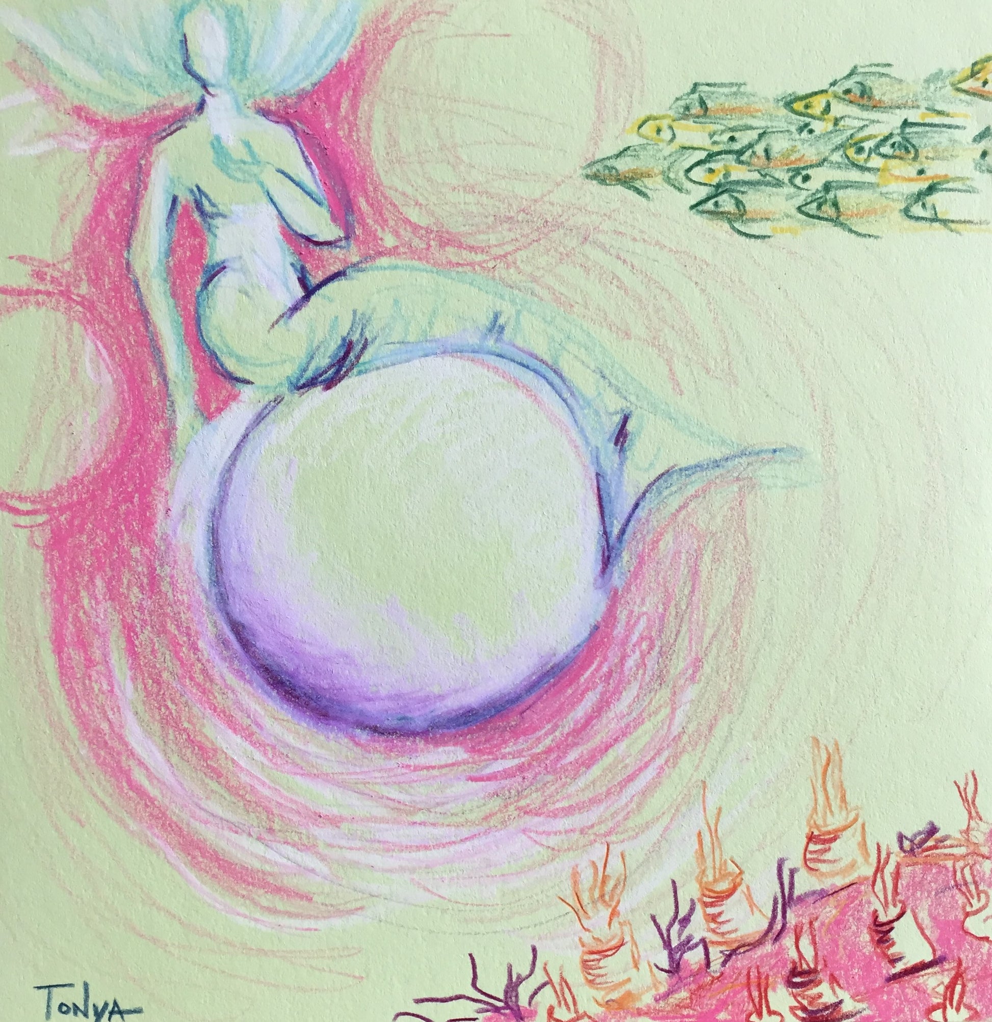 A soul painting created in colored pencils of a mermaid sitting on top of a sphere to the right with sea creatures on the bottom left and a school of fish at the top left, by visionary artist Tonya Henderson.