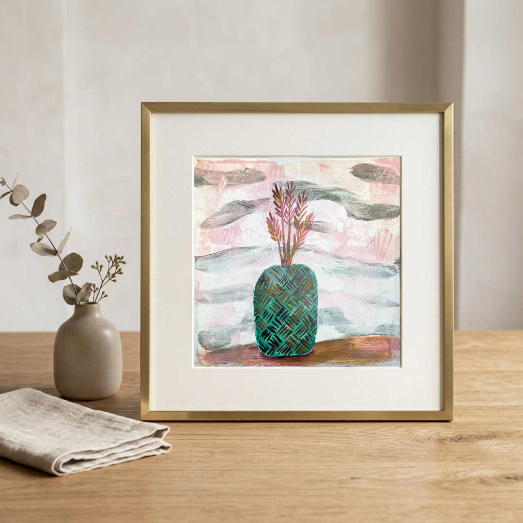 Original acrylic artwork by artist Tonya Henderson of a green vase with red stems on a patio. Sitting on a wooden surface with a vase and towel next to it.