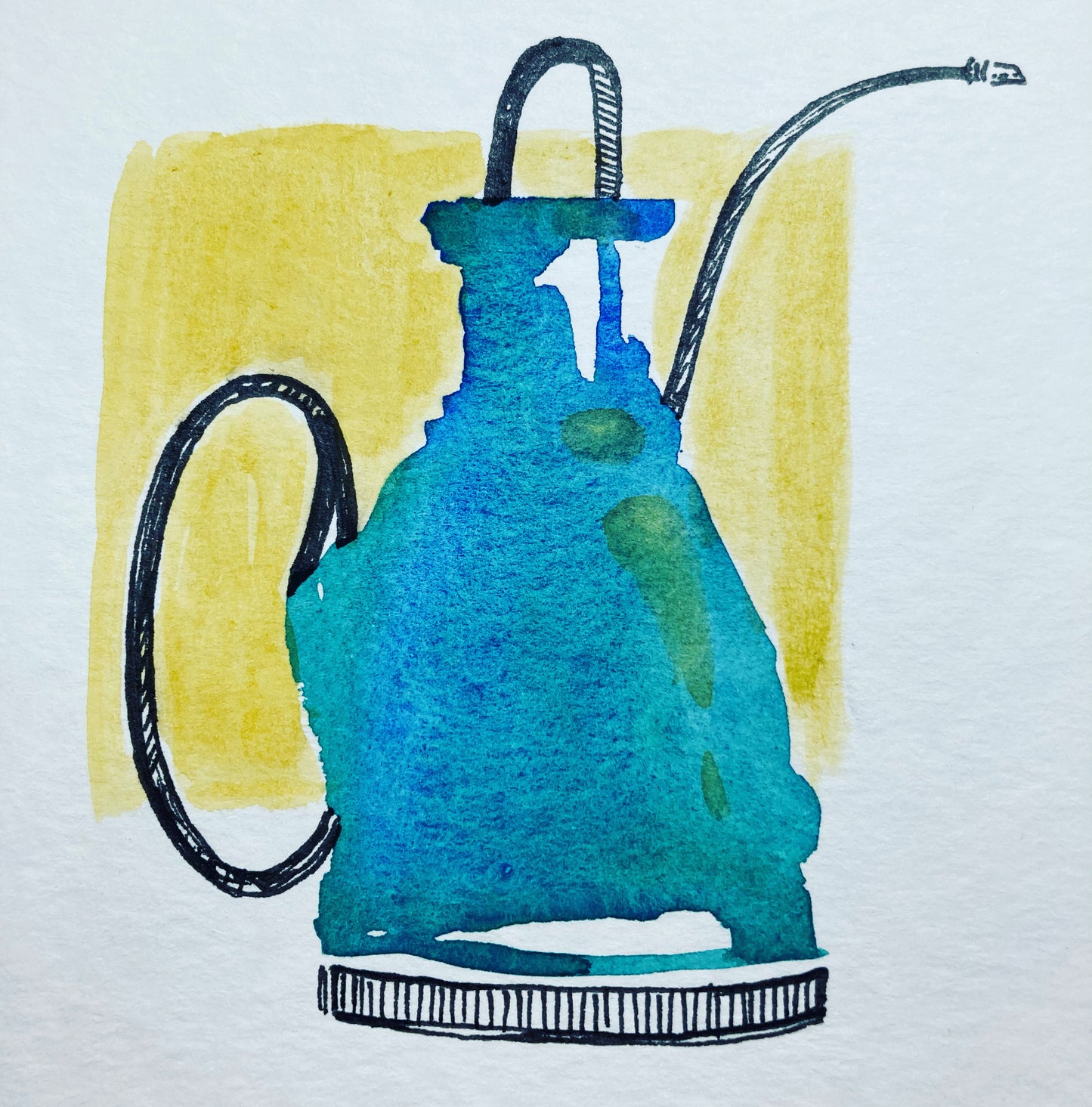 A watercolor painting of a whimsical teal and blue watering can with a long spout, set against a cheerful yellow background. By artist Tonya Henderson.